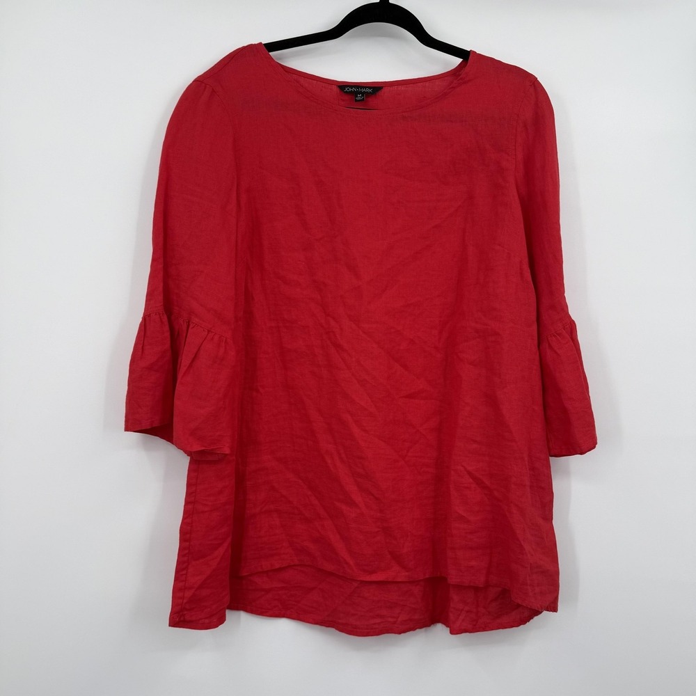 John Mark Blouse Womens M Redβ Linen Tunic Top Bell Sleeve Round Neck Ruffle